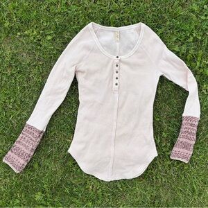 Free People Alpine Cuff Thermal Henley Top Womens M Waffle Knit Boho Pink Blush